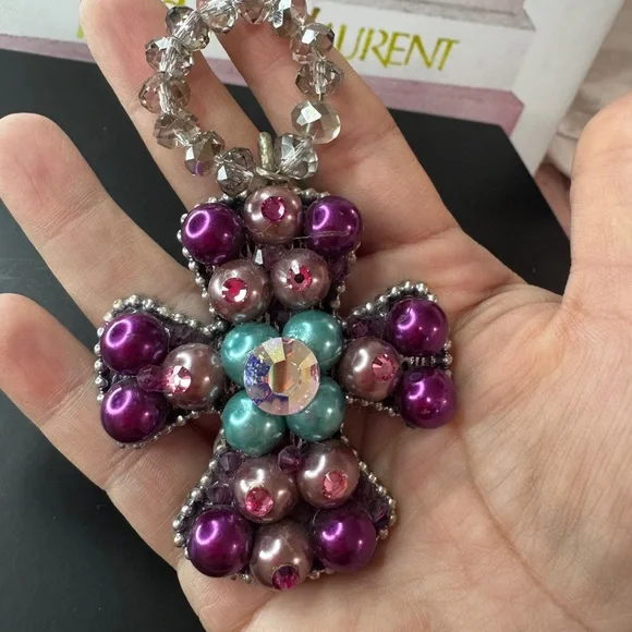 Vintage Beaded Cross Pendant with Crystal Bead Loop – Statement Jewelry - Picture 4 of 5